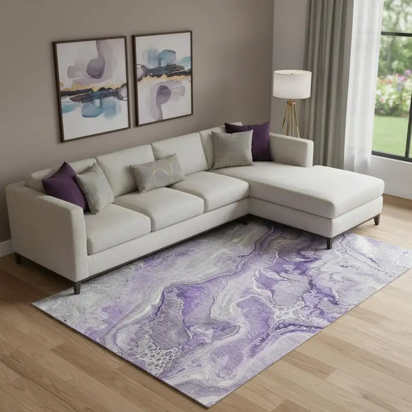 Purple Gray And Ivory Abstract Washable Area Rug With UV Protection Photo 2