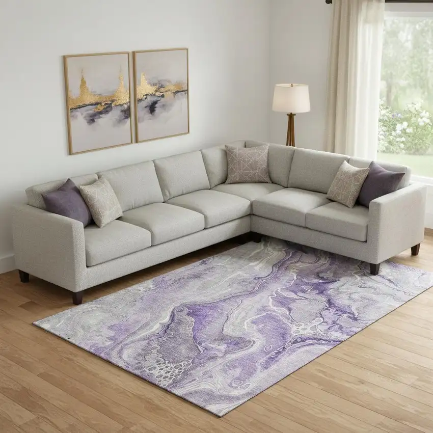 Purple Gray And Ivory Abstract Washable Area Rug With UV Protection Photo 2