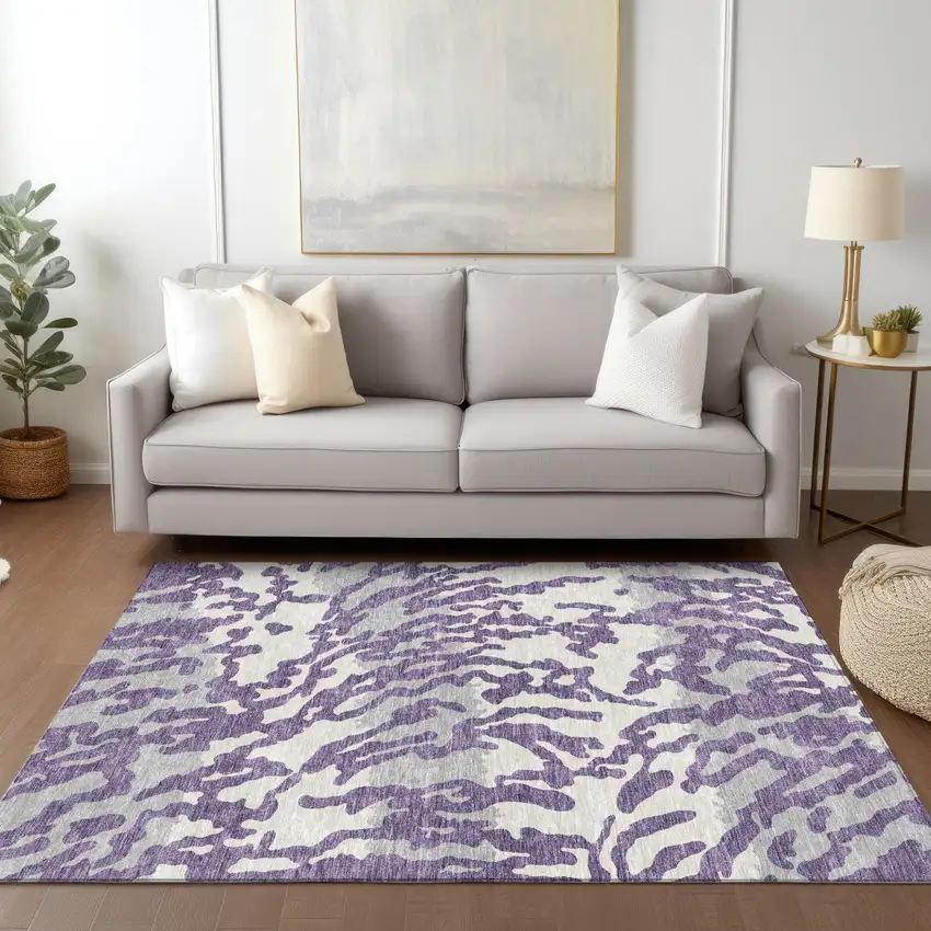 Purple Gray And Ivory Animal Print Washable Indoor Outdoor Area Rug Photo 9