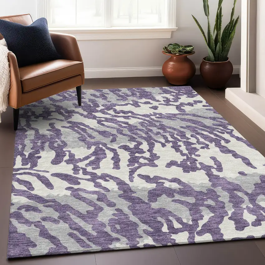 Purple Gray And Ivory Animal Print Washable Indoor Outdoor Area Rug Photo 9