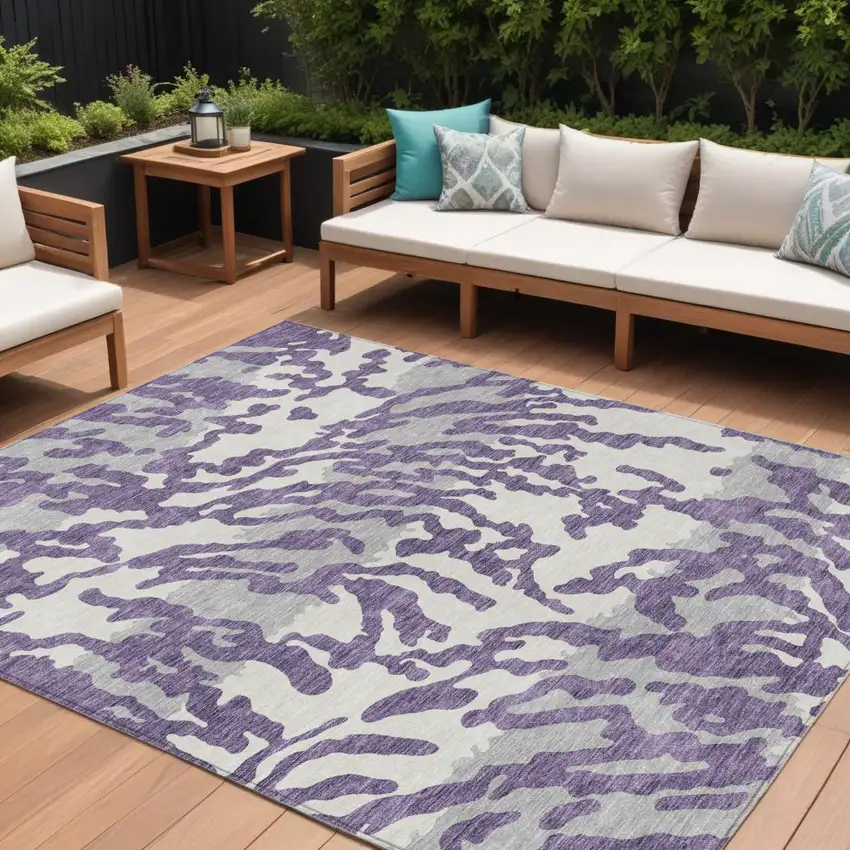 Purple Gray And Ivory Animal Print Washable Indoor Outdoor Area Rug Photo 1