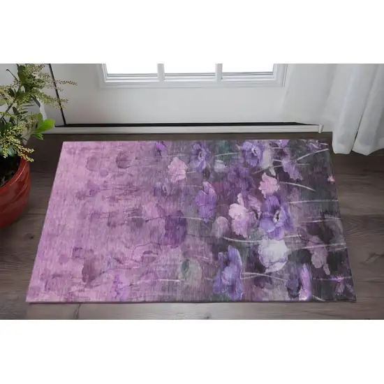 Purple Gray And Ivory Floral Washable Area Rug With UV Protection Photo 2