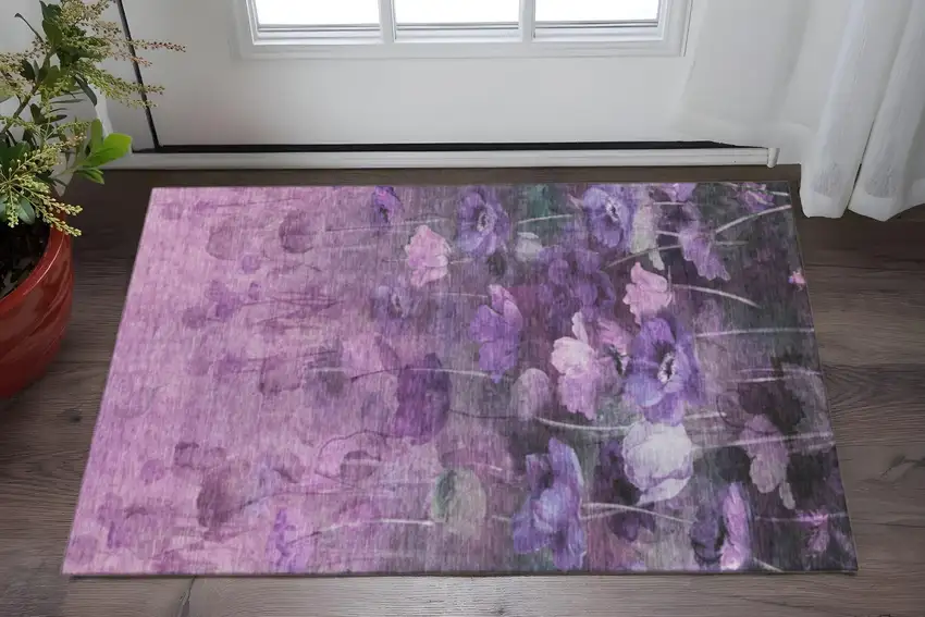 Purple Gray And Ivory Floral Washable Area Rug With UV Protection Photo 2