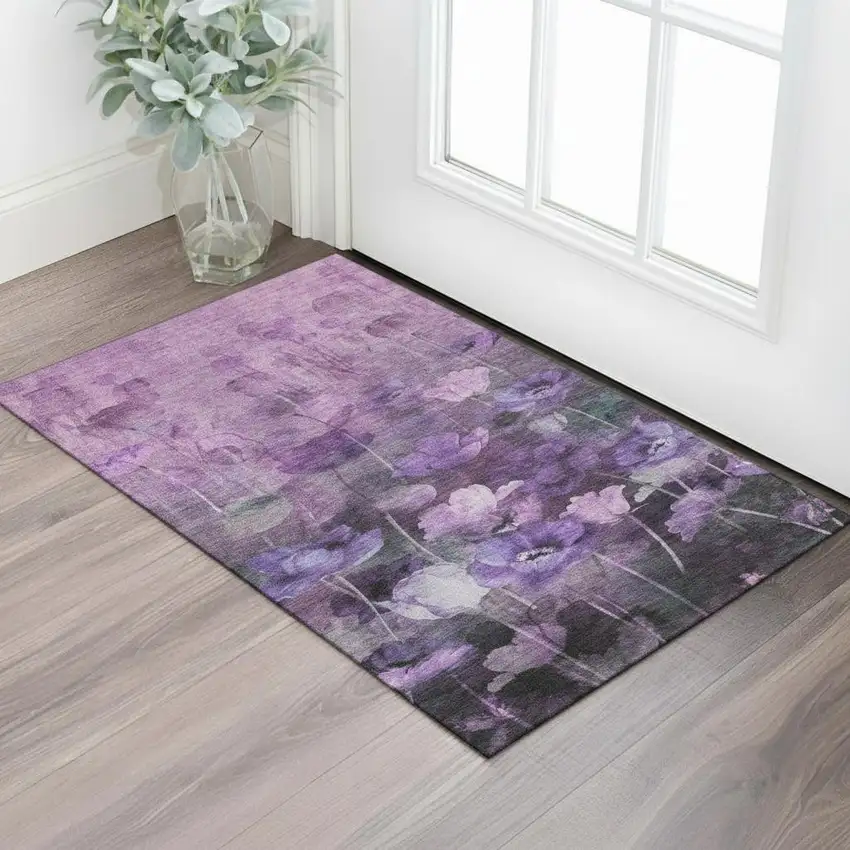 Purple Gray And Ivory Floral Washable Area Rug With UV Protection Photo 1
