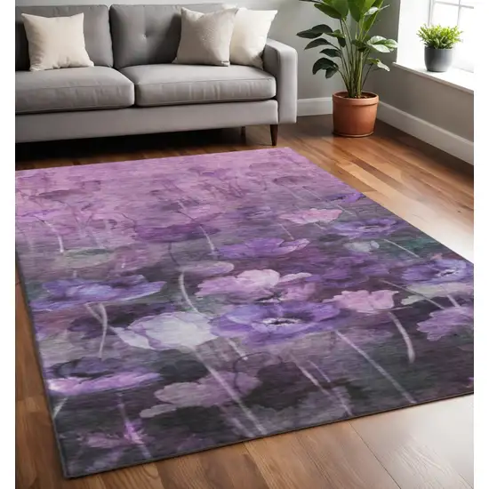 Purple Gray And Ivory Floral Washable Area Rug With UV Protection Photo 2