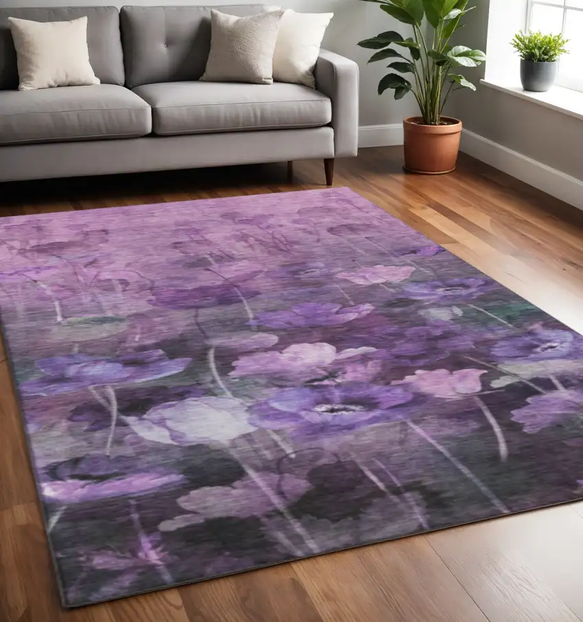 Purple Gray And Ivory Floral Washable Area Rug With UV Protection Photo 2