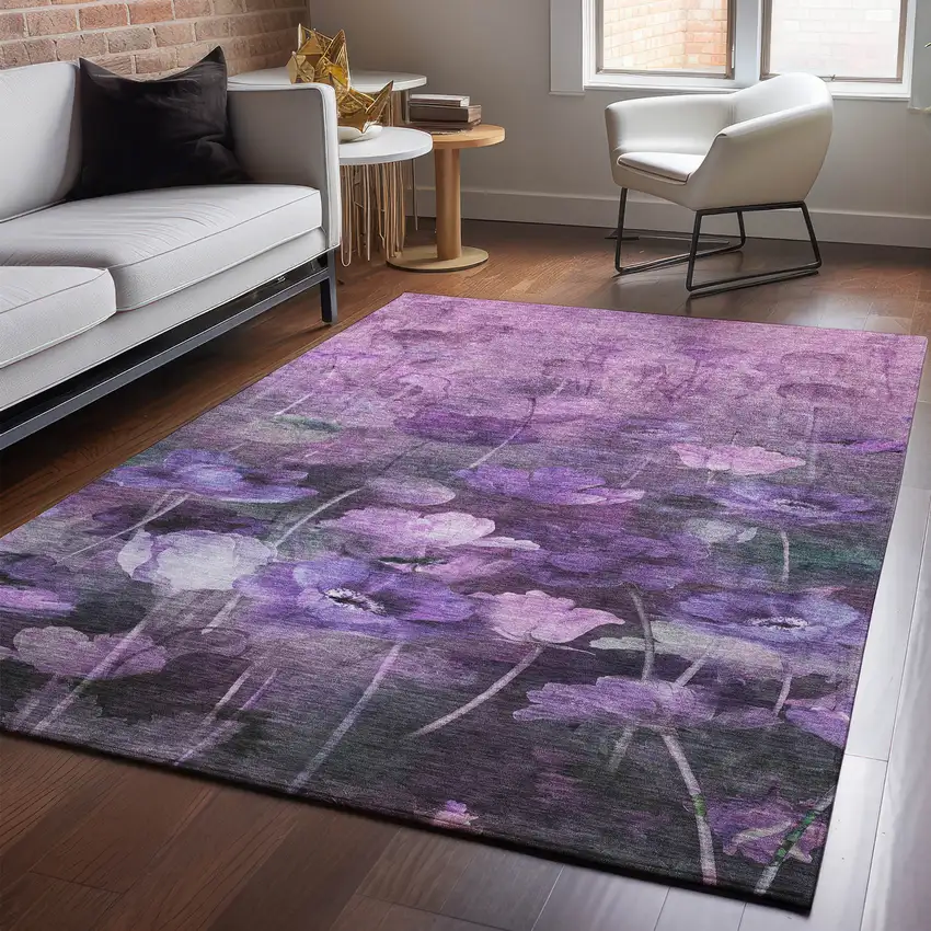 Purple Gray And Ivory Floral Washable Area Rug With UV Protection Photo 4