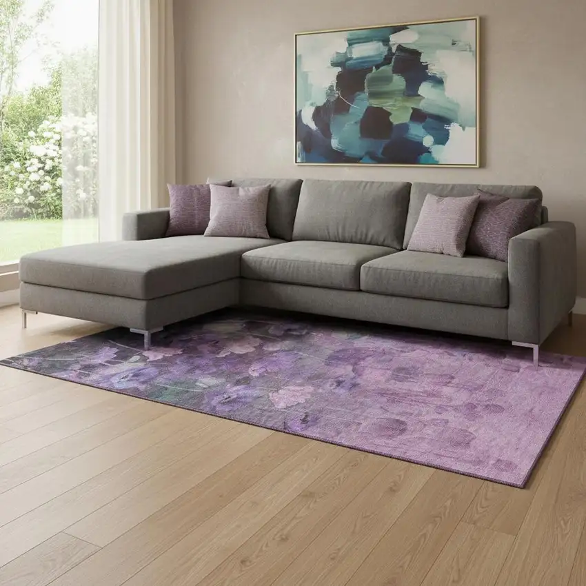 Purple Gray And Ivory Floral Washable Area Rug With UV Protection Photo 1
