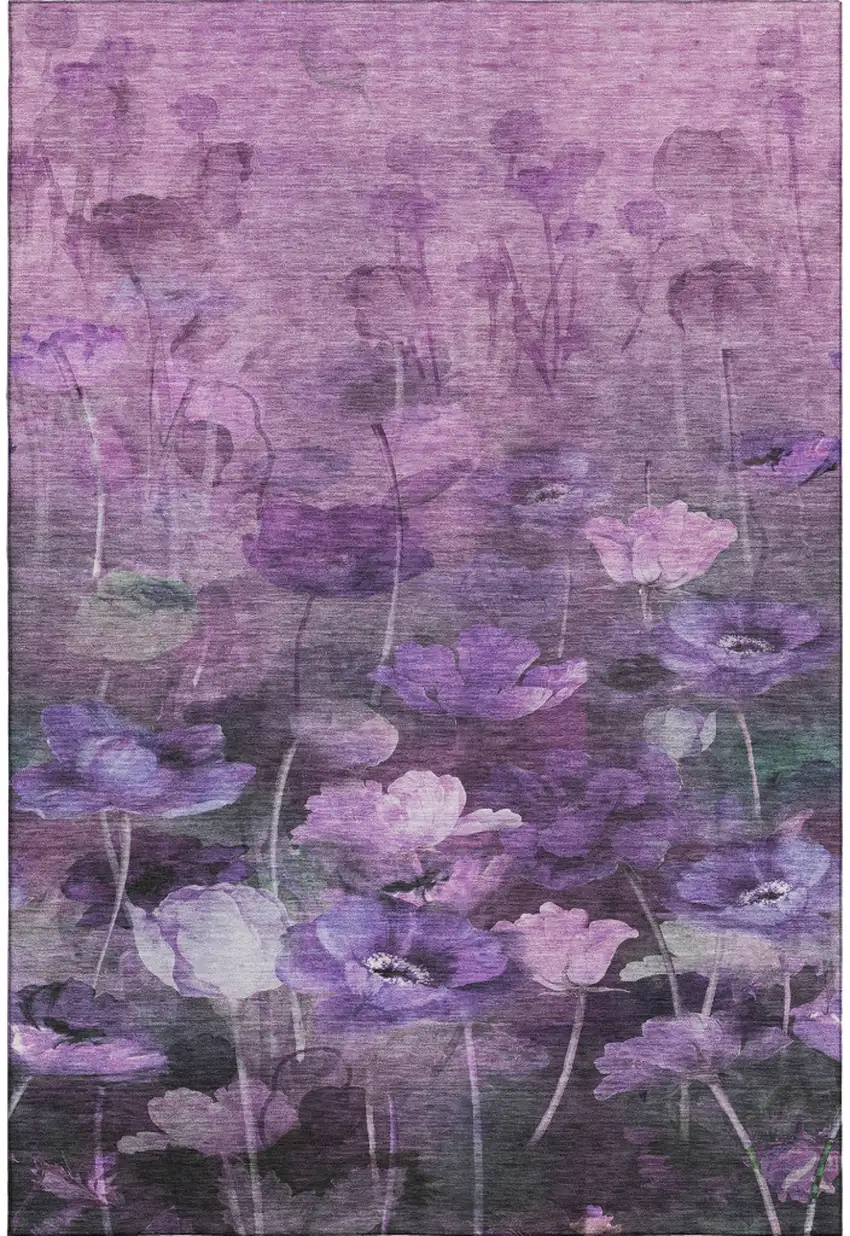 Purple Gray And Ivory Floral Washable Area Rug With UV Protection Photo 1