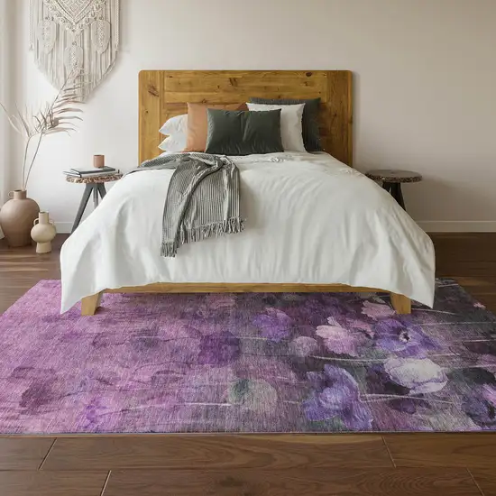 Purple Gray And Ivory Floral Washable Area Rug With UV Protection Photo 5