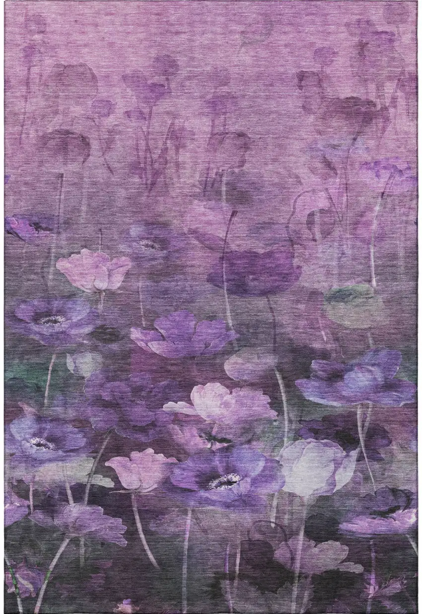 Purple Gray And Ivory Floral Washable Area Rug With UV Protection Photo 3