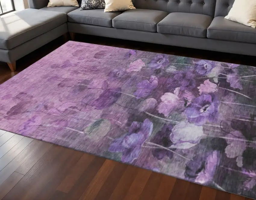 Purple Gray And Ivory Floral Washable Area Rug With UV Protection Photo 2