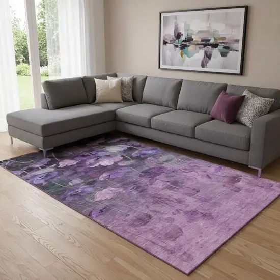 Purple Gray And Ivory Floral Washable Area Rug With UV Protection Photo 1