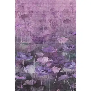 Photo of Purple Gray And Ivory Floral Washable Area Rug With UV Protection