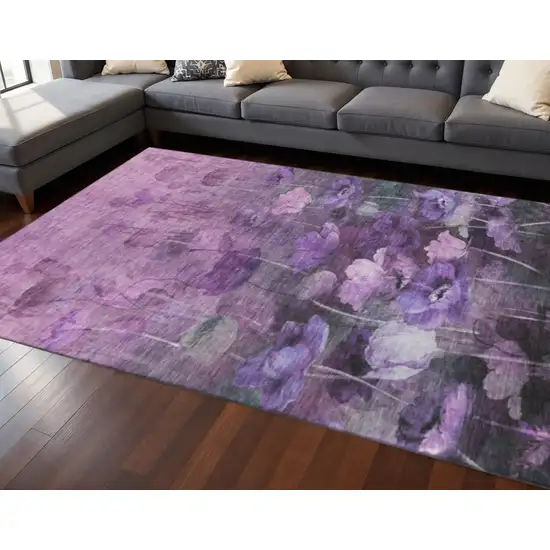 Purple Gray And Ivory Floral Washable Area Rug With UV Protection Photo 2