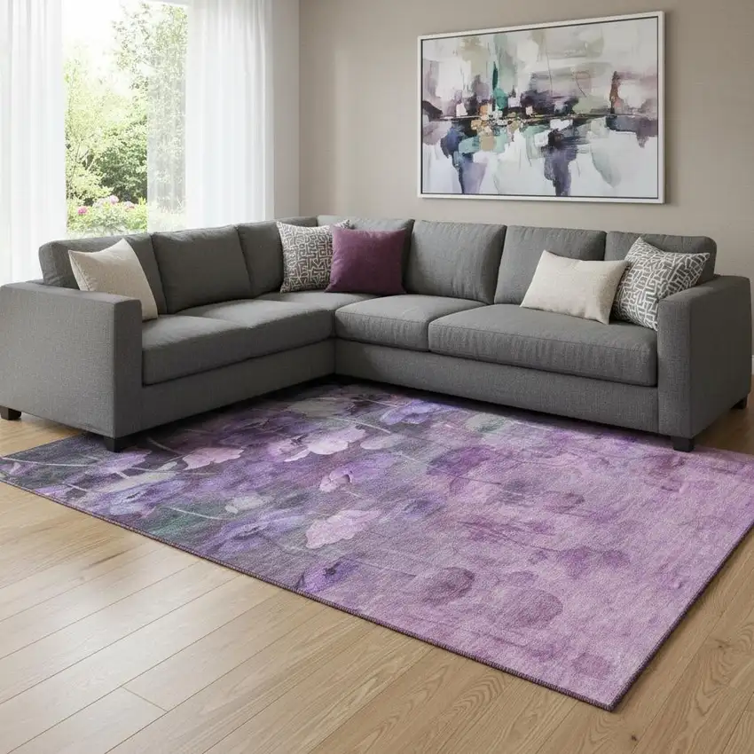 Purple Gray And Ivory Floral Washable Area Rug With UV Protection Photo 1