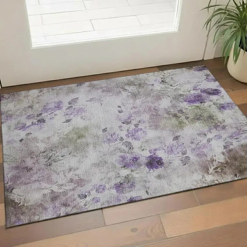 Purple Gray And Ivory Floral Washable Area Rug With UV Protection Photo 1