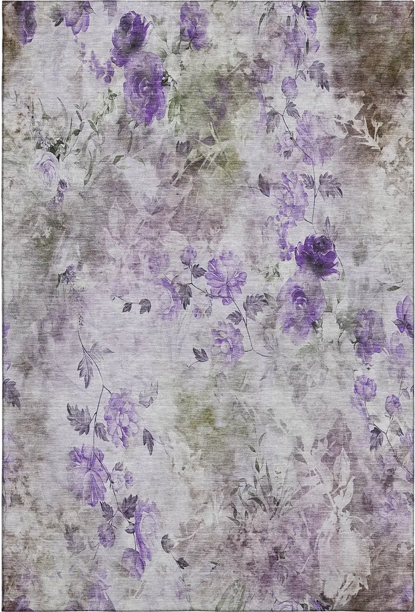 Purple Gray And Ivory Floral Washable Area Rug With UV Protection Photo 1