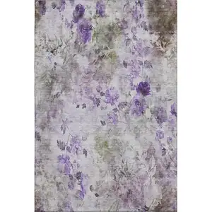 Photo of Purple Gray And Ivory Floral Washable Area Rug With UV Protection