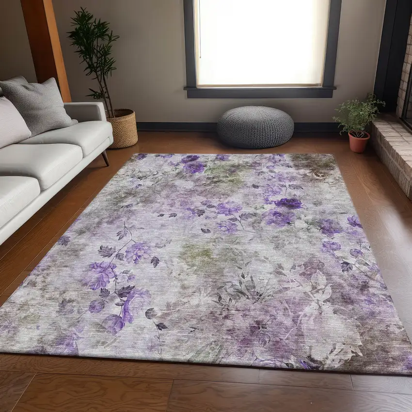 Purple Gray And Ivory Floral Washable Area Rug With UV Protection Photo 5