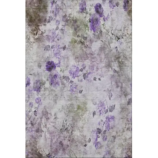 Purple Gray And Ivory Floral Washable Area Rug With UV Protection Photo 3