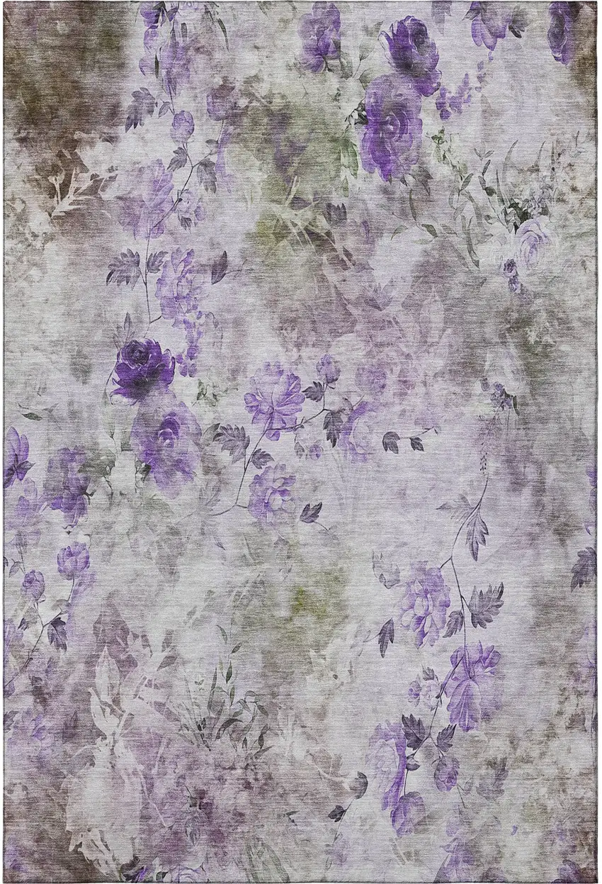 Purple Gray And Ivory Floral Washable Area Rug With UV Protection Photo 3