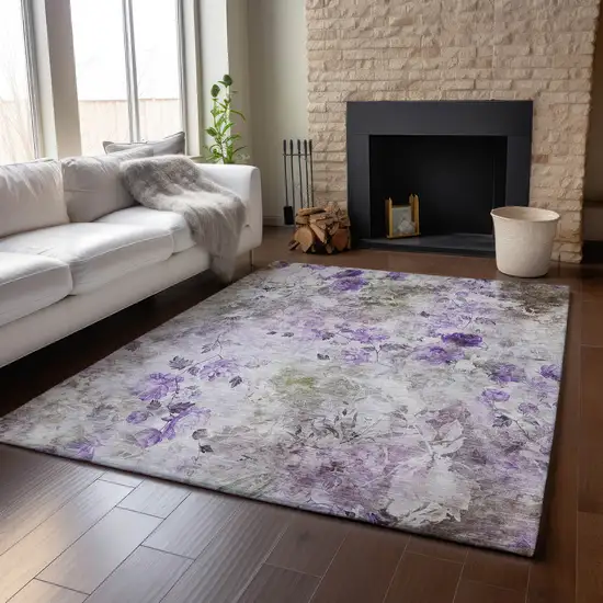 Purple Gray And Ivory Floral Washable Area Rug With UV Protection Photo 6