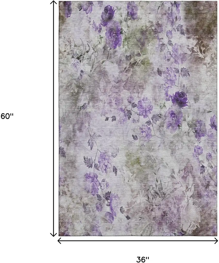 Purple Gray And Ivory Floral Washable Area Rug With UV Protection Photo 7