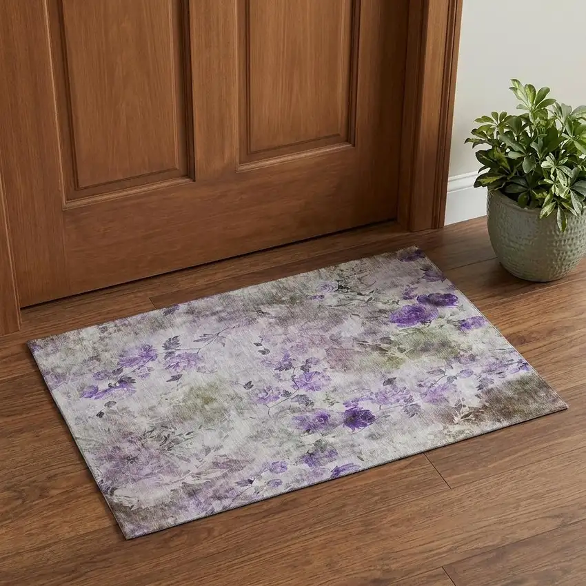 Purple Gray And Ivory Floral Washable Area Rug With UV Protection Photo 1