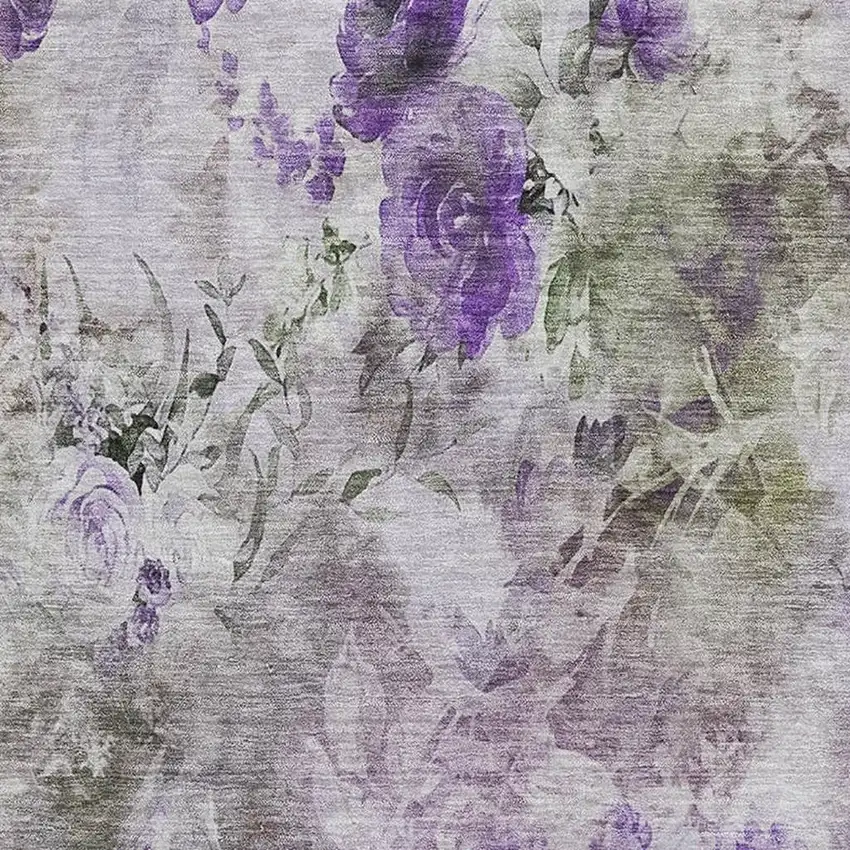 Purple Gray And Ivory Floral Washable Area Rug With UV Protection Photo 4