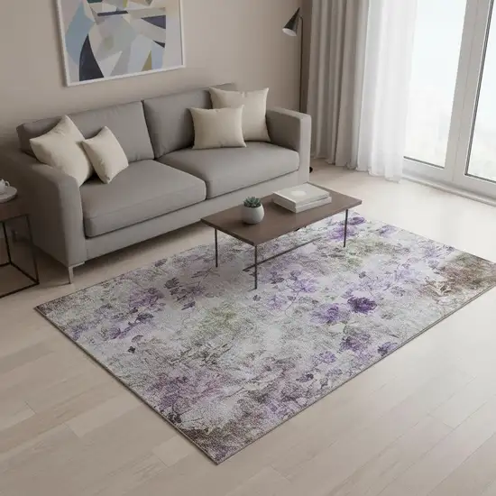 Purple Gray And Ivory Floral Washable Area Rug With UV Protection Photo 1