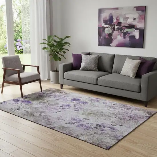 Purple Gray And Ivory Floral Washable Area Rug With UV Protection Photo 1
