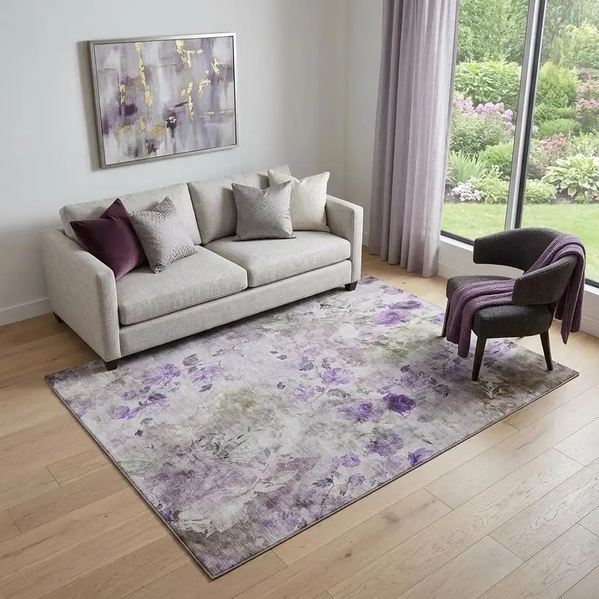 Purple Gray And Ivory Floral Washable Area Rug With UV Protection Photo 1