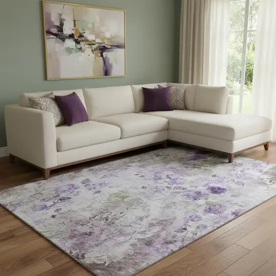 Purple Gray And Ivory Floral Washable Area Rug With UV Protection Photo 1