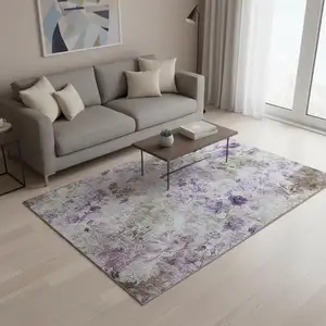 Photo of Purple Gray And Ivory Floral Washable Area Rug With UV Protection