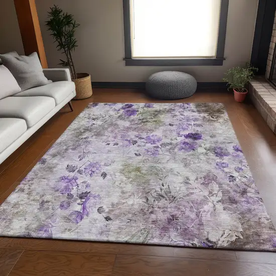 Purple Gray And Ivory Floral Washable Area Rug With UV Protection Photo 6