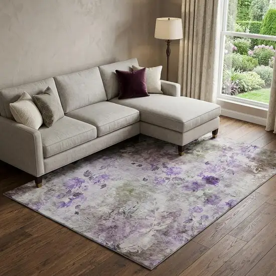 Purple Gray And Ivory Floral Washable Area Rug With UV Protection Photo 1