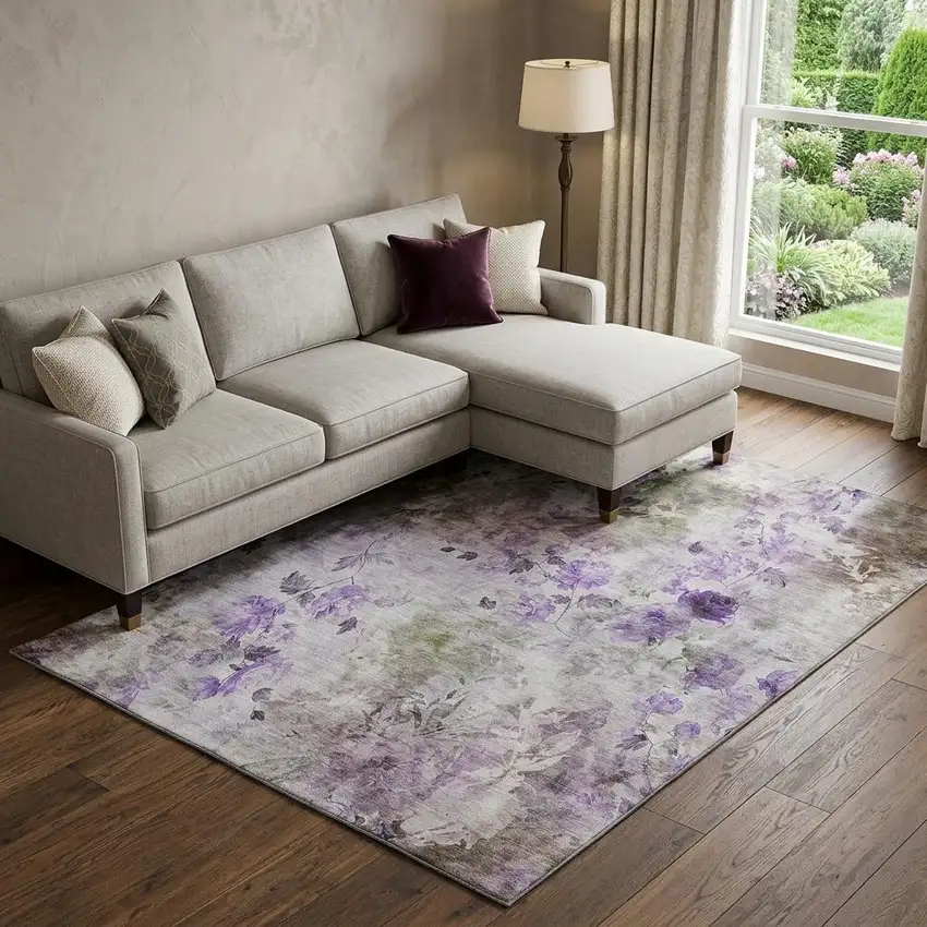 Purple Gray And Ivory Floral Washable Area Rug With UV Protection Photo 1