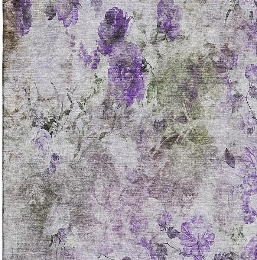 Purple Gray And Ivory Floral Washable Area Rug With UV Protection Photo 4