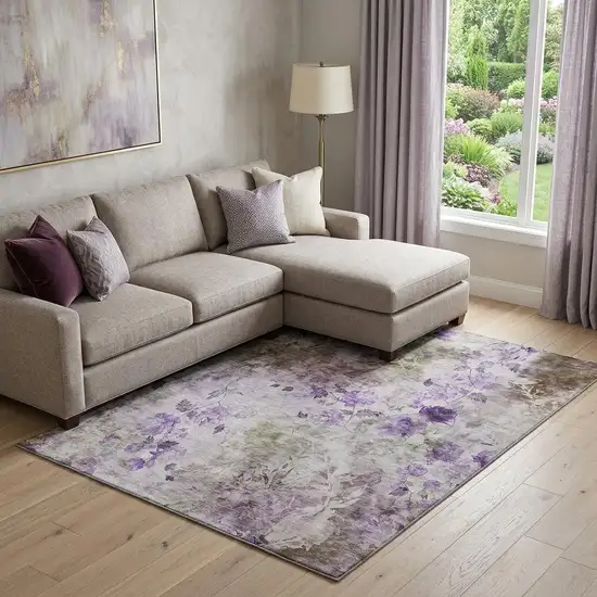 Purple Gray And Ivory Floral Washable Area Rug With UV Protection Photo 1