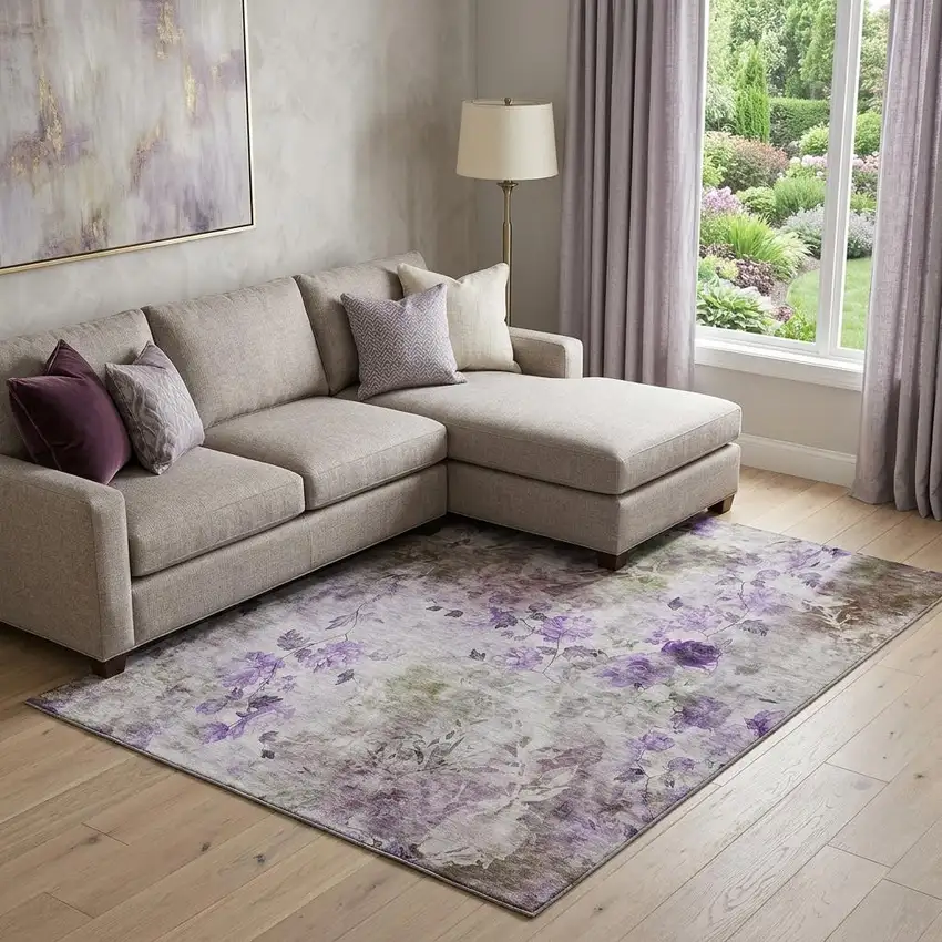 Purple Gray And Ivory Floral Washable Area Rug With UV Protection Photo 1