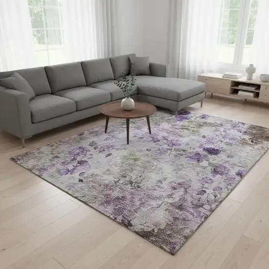 Purple Gray And Ivory Floral Washable Area Rug With UV Protection Photo 1