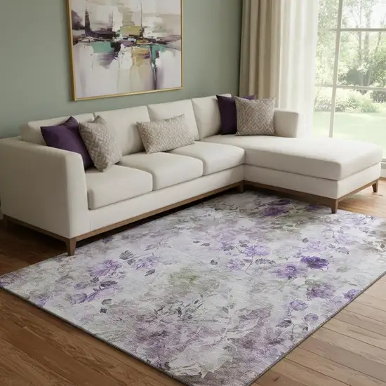 Purple Gray And Ivory Floral Washable Area Rug With UV Protection Photo 1