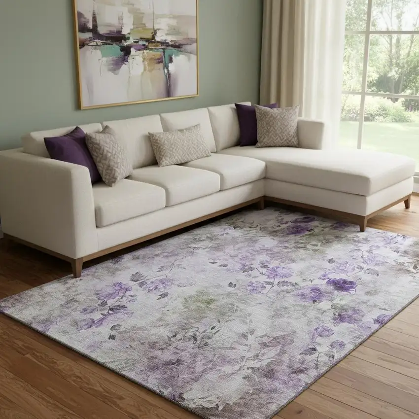Purple Gray And Ivory Floral Washable Area Rug With UV Protection Photo 1