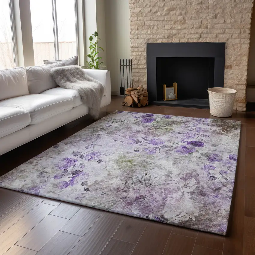 Purple Gray And Ivory Floral Washable Area Rug With UV Protection Photo 5