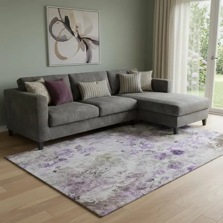 Purple Gray And Ivory Floral Washable Area Rug With UV Protection Photo 1