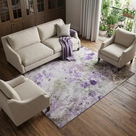Purple Gray And Ivory Floral Washable Area Rug With UV Protection Photo 1