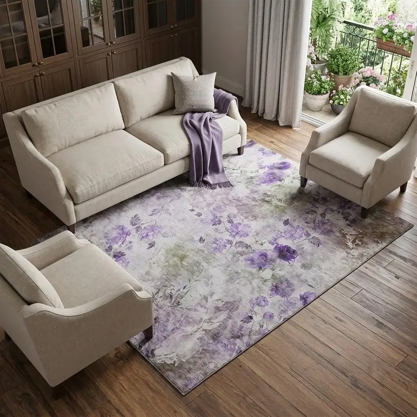 Purple Gray And Ivory Floral Washable Area Rug With UV Protection Photo 1