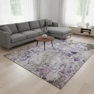 Photo of Purple Gray And Ivory Floral Washable Area Rug With UV Protection
