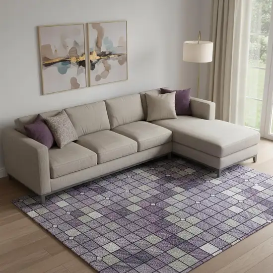 Purple Gray And Ivory Geometric Washable Area Rug With UV Protection Photo 2